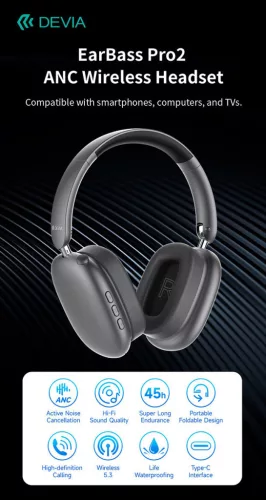 Devia EarBass Pro2 ANC Bluetooth sztereó fejhallgató beépített mikrofonnal - ezüst