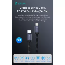   Devia Gracious Series 27W PD Type-C/Lightning adat- és töltőkábel 3m - fekete