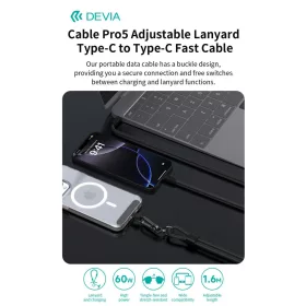   Devia Cable Pro5 Woven 60W PD Type-C/Type-C adat- és töltőkábel + nyakpánt 1.6m - kék