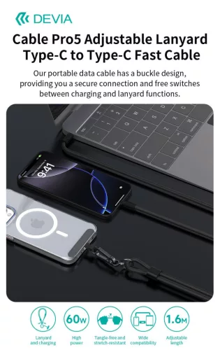 Devia Cable Pro5 Woven 60W PD Type-C/Type-C adat- és töltőkábel + nyakpánt 1.6m - kék