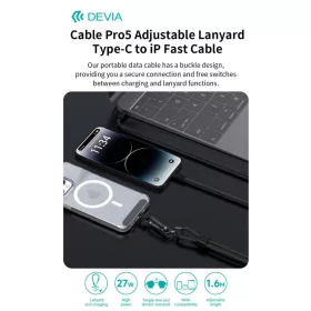   Devia Cable Pro5 Woven 27W PD Type-C/Lightning adat- és töltőkábel + nyakpánt 1.6m - kék