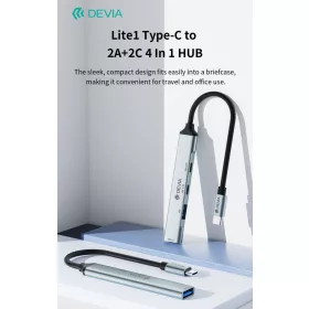   Devia Lite1 4 in 1 Hub - USB-C 3.1 - USB 3.0/USB 2.0/2xType-C elosztó/adapter - szürke