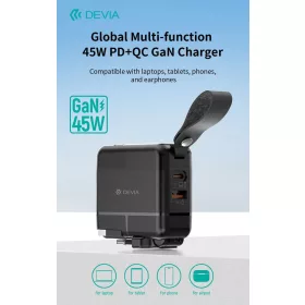   Devia Global 45W PD+QC hálózati gyorstöltő utazó adapter (CN/JP/US/EU/UK/AU) - fekete