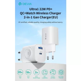   Devia Ultra1 22W PD+QC+Apple Watch 2in1 hálózati gyorstöltő adapter - fehér