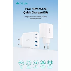   Devia Pro1 40W GaN QC 2xUSB + 2xType-C hálózati gyorstöltő adapter - fehér