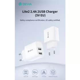   Devia Lite2 2.4A (5V EU) 2xUSB hálózati töltő adapter - fehér