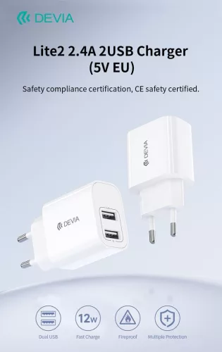 Devia Lite2 2.4A (5V EU) 2xUSB hálózati töltő adapter - fehér