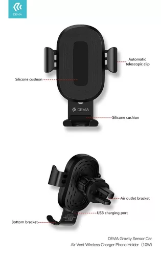 Devia Sensor 10W Qi vezeték nélküli autós töltő/tartó szellőzőrácsba - fekete