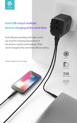 Devia Global hálózati töltő utazó adapter (UK/EU/USA/USA/Japán/AU) - fekete