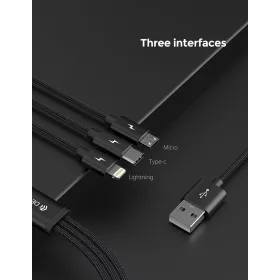   Devia Gracious Series 3in1 15W Lightning/microUSB/Type-C töltőkábel - 1,2 m - fekete