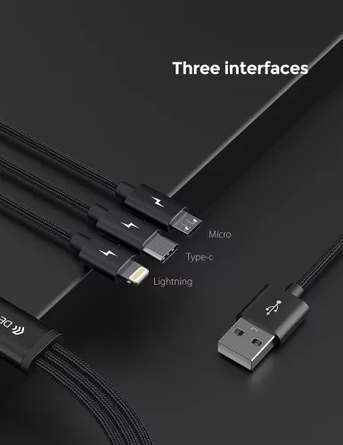 Devia Gracious Series 3in1 15W Lightning/microUSB/Type-C töltőkábel - 1,2 m - fekete