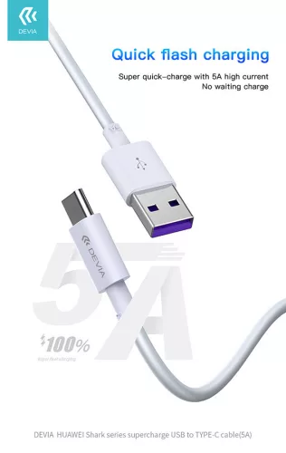 Devia Smart Series Shark USB/Type-C töltő- és adatkábel 1,5m - 5A - fehér
