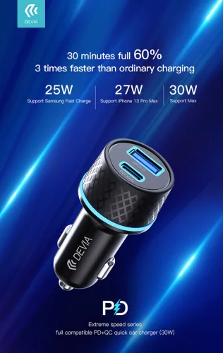 Devia Extreme Speed Series 30W PD+QC autós gyorstöltő USB/Type-C - fekete