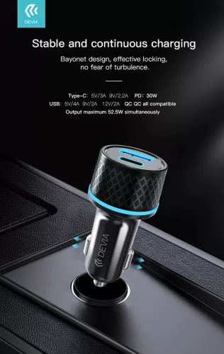 Devia Extreme Speed Series 30W PD+QC autós gyorstöltő USB/Type-C - fekete