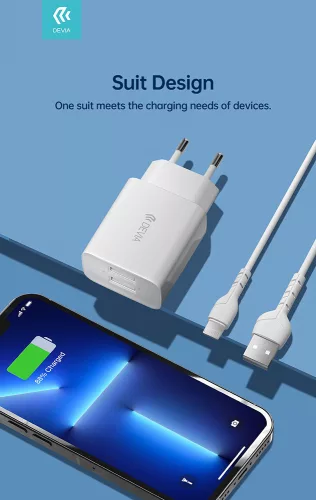 Devia Smart Series 12W 2xUSB hálózati töltő adapter + Lightning/USB kábel 1m - fehér