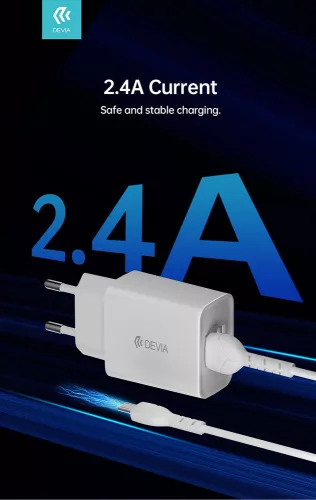 Devia Smart Series 12W 2xUSB hálózati töltő adapter + USB/microUSB kábel 1m - fehér
