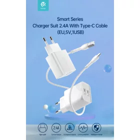  Devia Smart Series 12W 2xUSB hálózati töltő adapter + USB/Type-C kábel 1m - fehér