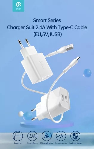 Devia Smart Series 12W 2xUSB hálózati töltő adapter + USB/Type-C kábel 1m - fehér