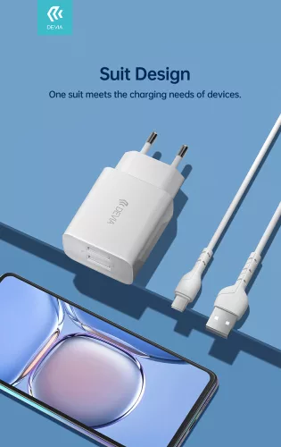 Devia Smart Series 12W 2xUSB hálózati töltő adapter + USB/Type-C kábel 1m - fehér