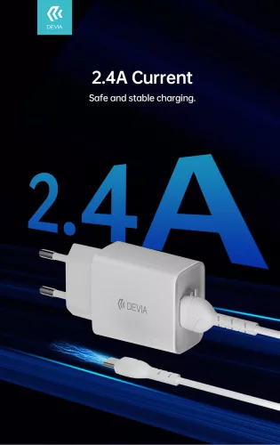 Devia Smart Series 12W 2xUSB hálózati töltő adapter + USB/Type-C kábel 1m - fehér