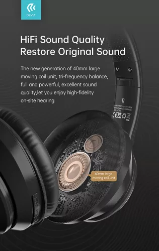 Devia Kintone Series V2 Bluetooth sztereó fejhallgató beépített mikrofonnal - fekete