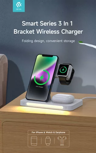 Devia Smart Series 15W Qi 3 In 1 vezeték nélküli töltő Smartphone/iWatch/Airpods - fehér