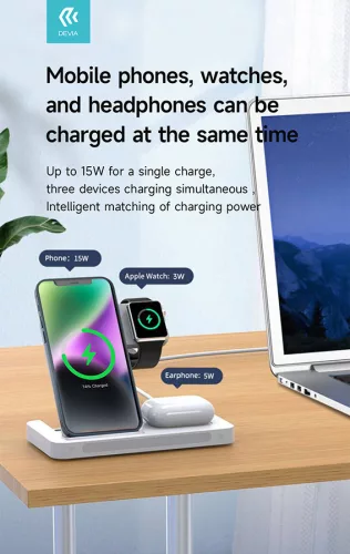 Devia Smart Series 15W Qi 3 In 1 vezeték nélküli töltő Smartphone/iWatch/Airpods - fehér