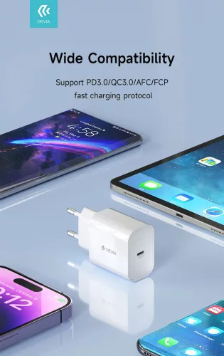 Devia Smart Series V2 20W PD hálózati gyorstöltő adapter Type-C - fehér
