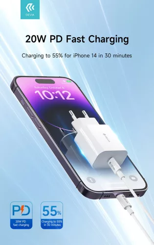 Devia Smart Series 20W PD hálózati gyorstöltő adapter V2 + Type-C/Lightning kábel - fehér