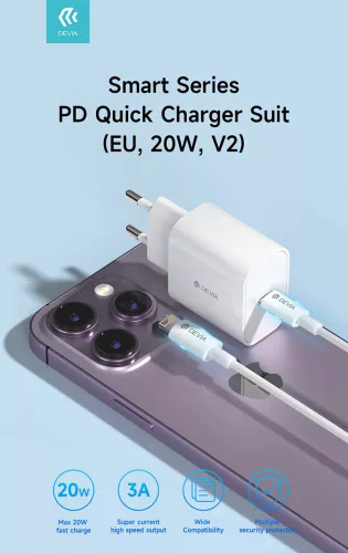 Devia Smart Series 20W PD hálózati gyorstöltő adapter V2 + Type-C/Lightning kábel - fehér