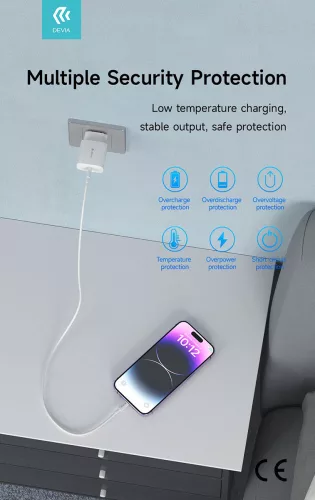 Devia Smart Series 20W PD hálózati gyorstöltő adapter V2 + Type-C/Lightning kábel - fehér