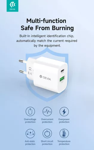 Devia Smart Series 20W PD+QC hálózati gyorstöltő adapter V2 Type-C/USB - fehér