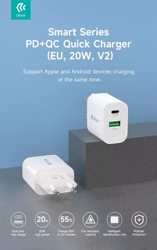 Devia Smart Series 20W PD+QC hálózati gyorstöltő adapter V2 Type-C/USB - fehér