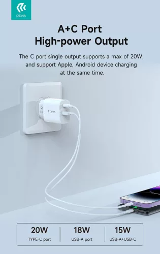 Devia Smart Series 20W PD+QC hálózati gyorstöltő adapter V2 Type-C/USB - fehér