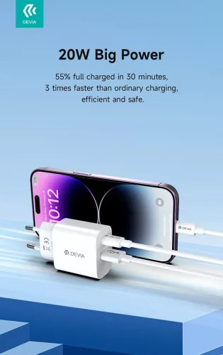 Devia Smart Series 20W PD+QC hálózati gyorstöltő adapter V2 Type-C/USB - fehér