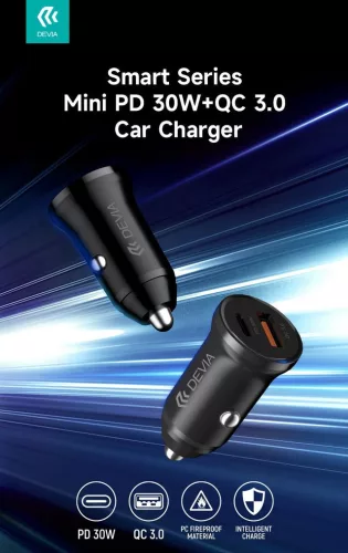 Devia Smart Series 30W PD+QC autós gyorstöltő adapter USB+Type-C - fekete