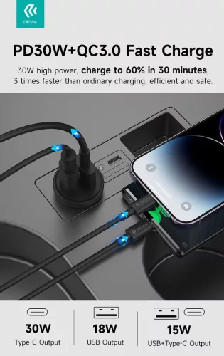 Devia Smart Series 30W PD+QC autós gyorstöltő adapter USB+Type-C - fekete