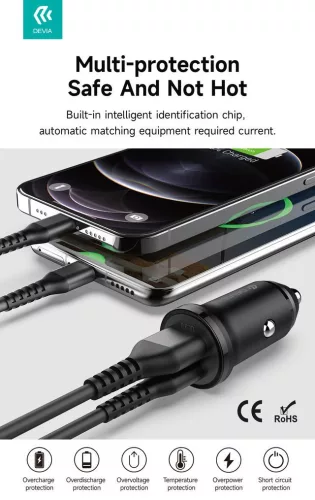 Devia Smart Series 30W PD+QC autós gyorstöltő adapter USB+Type-C - fekete