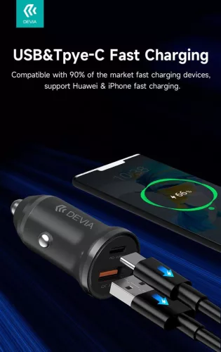 Devia Smart Series 30W PD+QC autós gyorstöltő adapter USB+Type-C - fekete