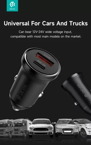 Devia Smart Series 30W PD+QC autós gyorstöltő adapter USB+Type-C - fekete
