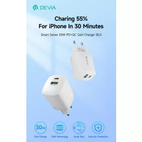   Devia Smart Series 30W GaN PD+QC hálózati gyorstöltő adapter USB+Type-C - fehér