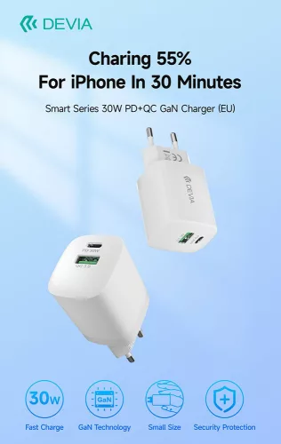 Devia Smart Series 30W GaN PD+QC hálózati gyorstöltő adapter USB+Type-C - fehér