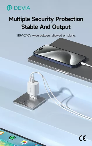 Devia Smart Series 30W GaN PD+QC hálózati gyorstöltő adapter USB+Type-C - fehér