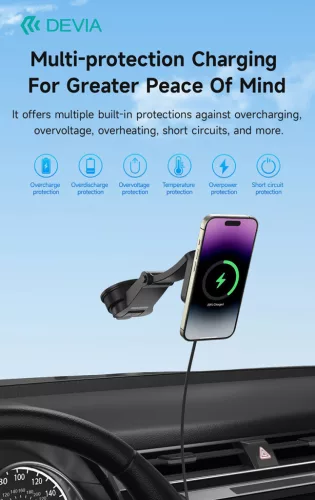 Devia Smart Series Magnetic 15W műszerfalra/szélvédőre vezeték nélküli autós töltő/tartó - fekete