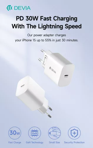Devia Smart Series 30W GaN PD hálózati gyorstöltő adapter Type-C - fehér