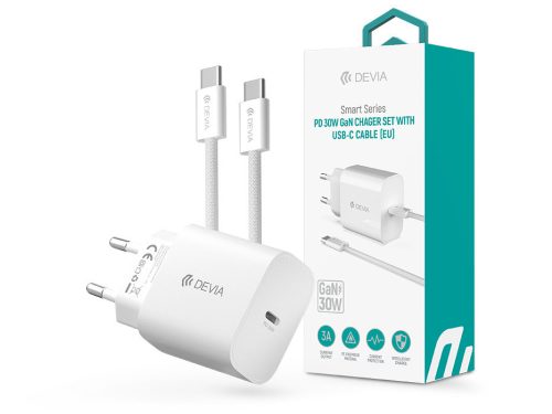 Devia Smart Series 30W GaN PD+QC hálózati gyorstöltő adapter + Type-C/Type-C    kábel - fehér