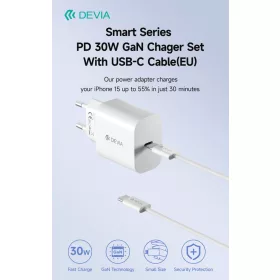   Devia Smart Series 30W GaN PD+QC hálózati gyorstöltő adapter + Type-C/Type-C kábel - fehér