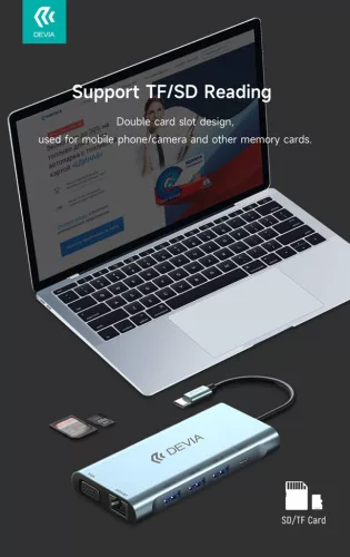 Devia Leopard 11in1 Hub - Type-C - 3xUSB/Type-C/PD/HDMI/VGA/RJ45/Card/Jack elosztó/adapter - szürke