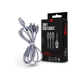   Maxlife 3 in 1 10W Lightning/microUSB/Type-C USB Cable töltő- és adatkábel 1m - ezüst