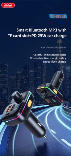 XO BCC09 Bluetooth FM-transmitter/gyorstöltő 25W PD 2xUSB/MP3/Pendrive lejátszás/RGB Light - fekete